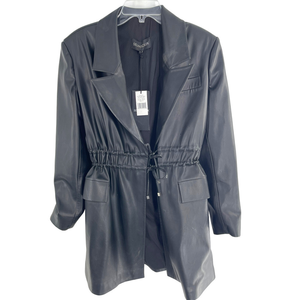 NWT Selmacilek Womens Leather Trench Collar Mini Dress Flap Pockets Size S Black